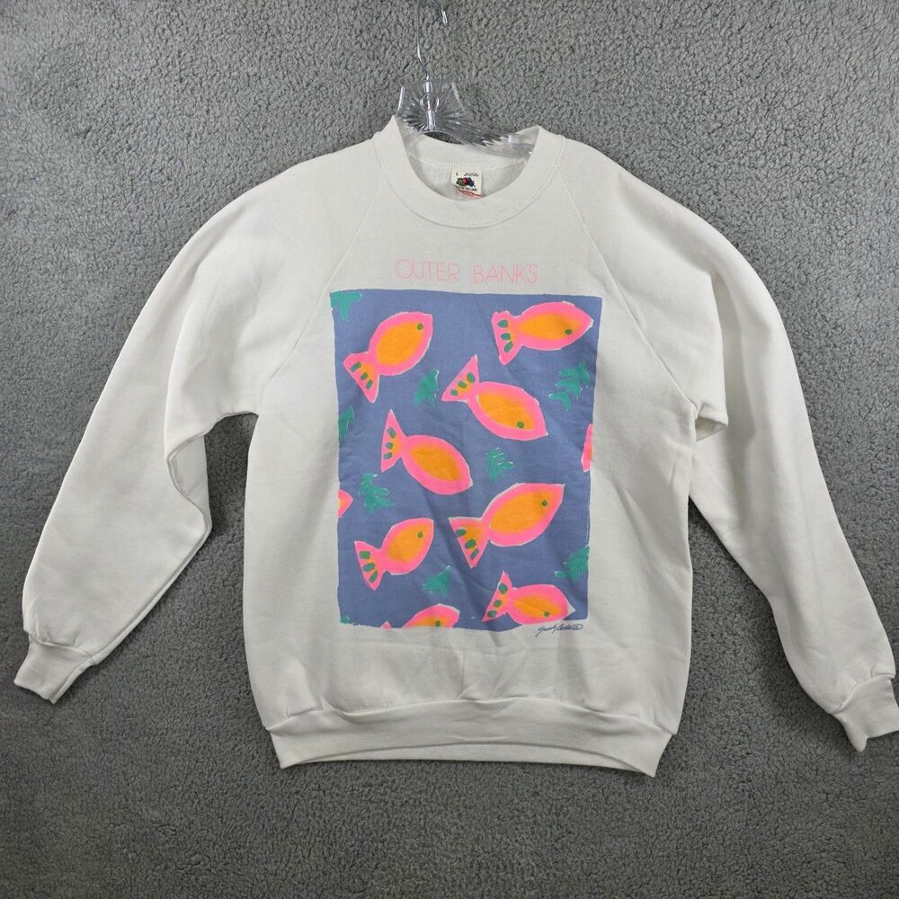 Vintage Fruit of The Loom Crewneck Sweatshirt White Fish 90s Size L Sarah Costa